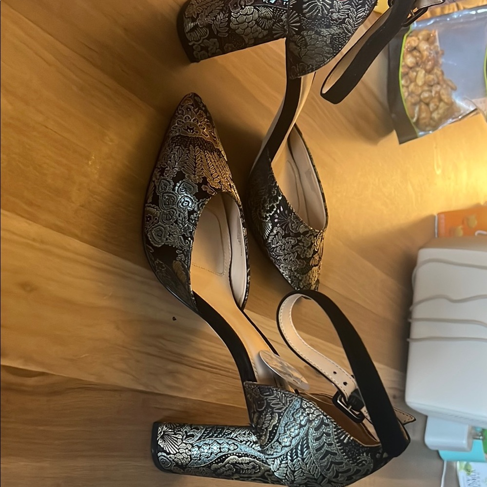 Alex Marie Black and Gold Heels with Ankle Strap